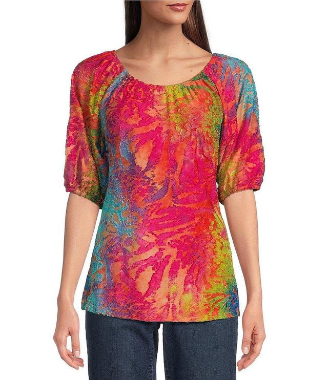 Calessa Abstract Tie Dye Burnout Knit Scoop Neck Elbow Sleeve Tunic Product Image