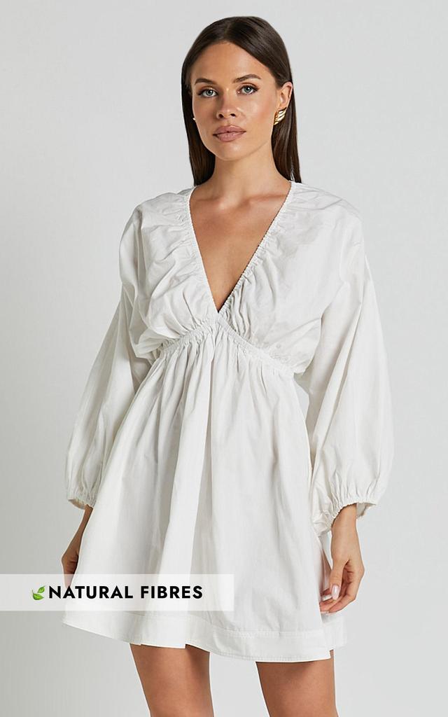 Josette Mini Dress - Plunge Neck Balloon Sleeve Smock Dress in Off White Product Image