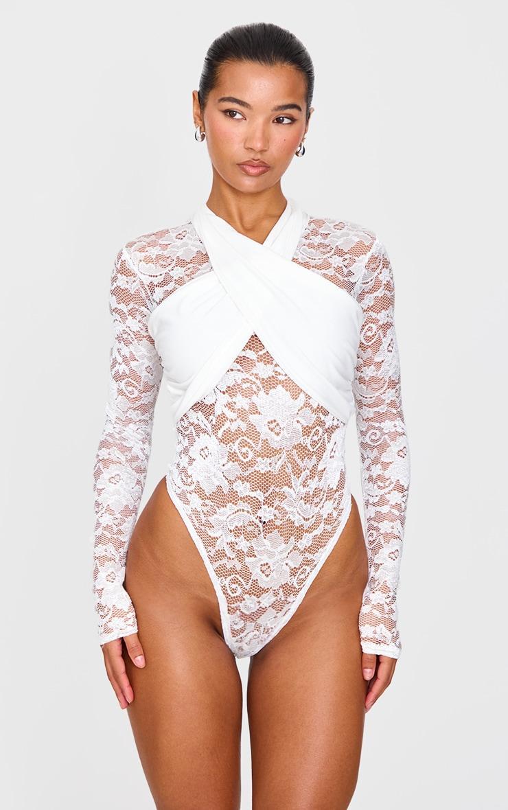 White Lace Cross Front Bodysuit Product Image