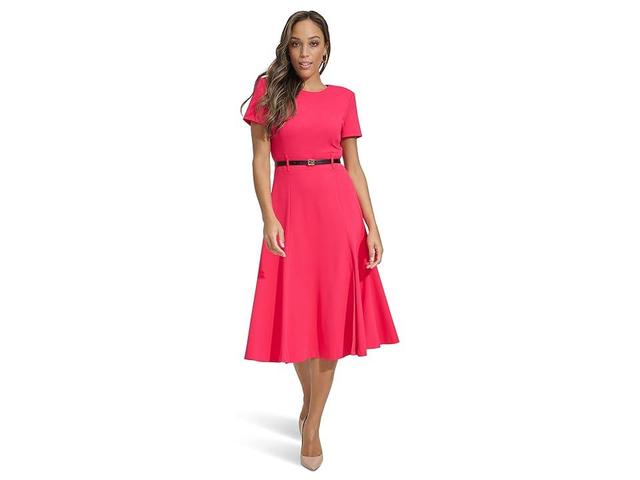 Calvin Klein Short Sleeve A-Line Midi Dress with Belt (Lipstick) Women's Dress Product Image