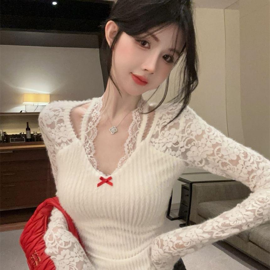 Long-Sleeve V-Neck Bow Lace Panel Ribbed Knit Top Product Image