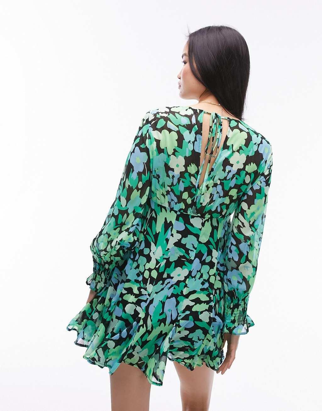 Topshop long sleeve godet mini tea dress in green floral print Product Image