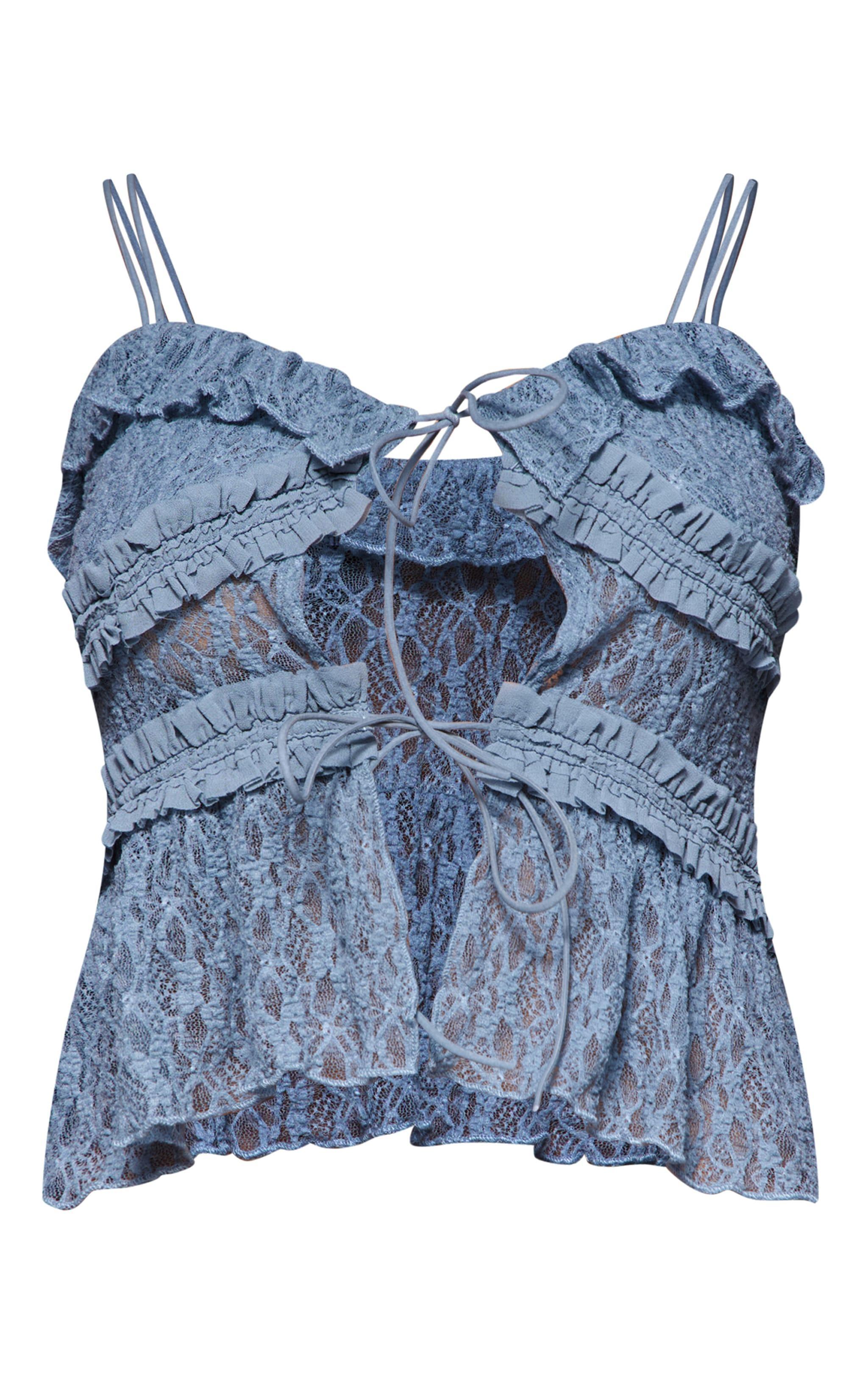 Blue Lace Ruffle Double Tie Strappy Top Product Image