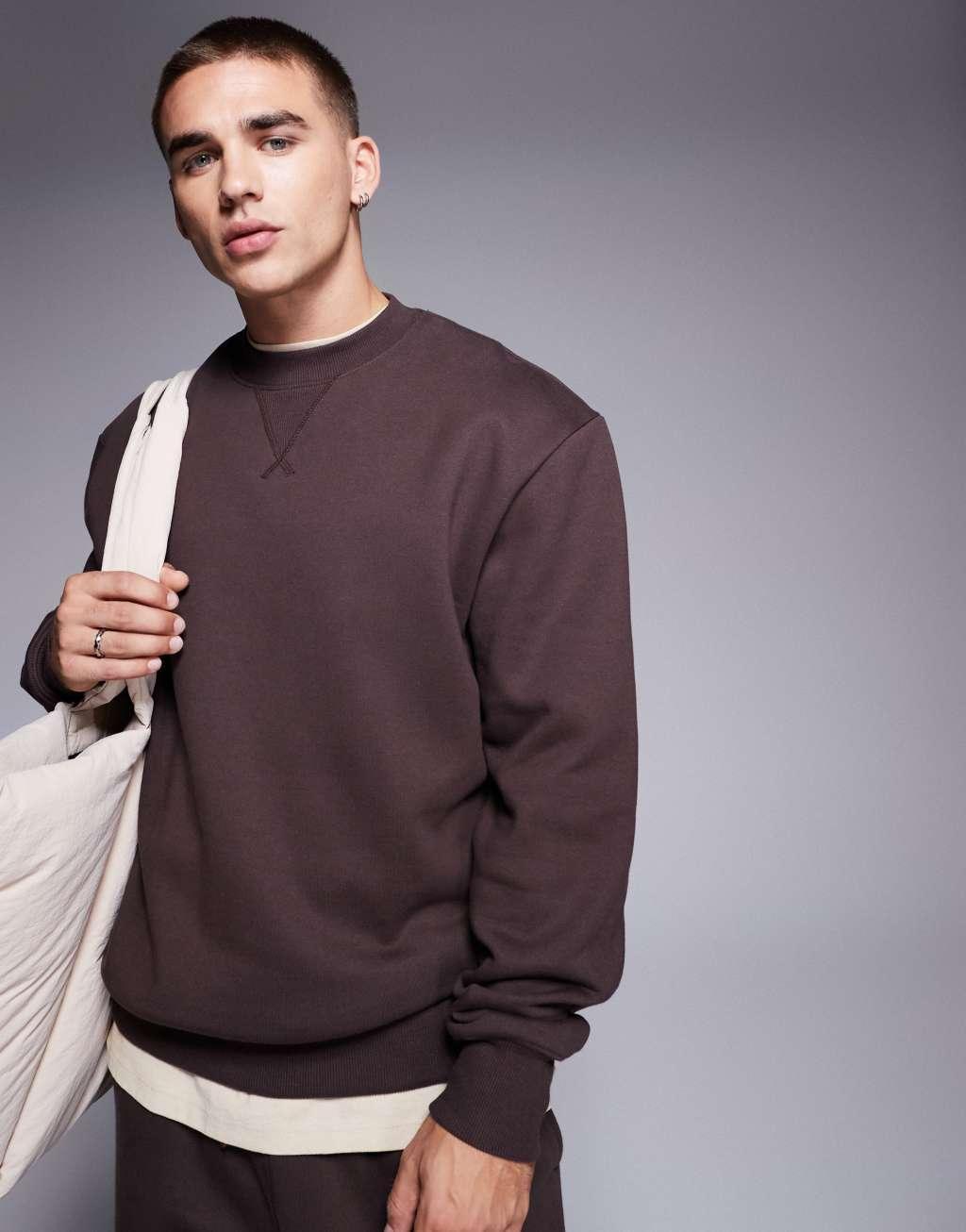 ASOS DESIGN premium heavyweight oversized sweatshirt 400gsm in brown Product Image