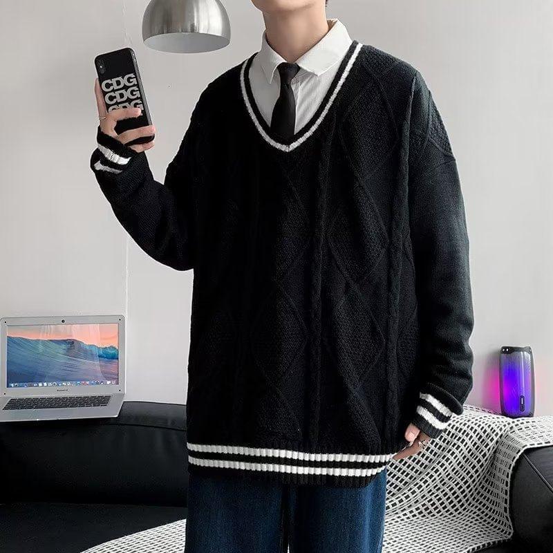 V-Neck Contrast Trim Cable Knit Sweater Product Image