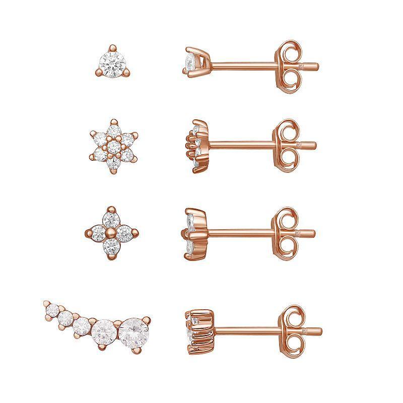 PRIMROSE 18k Rose Gold Cubic Zirconia 4-Pair Flower Stud Earring Set, Womens, Pink Over Sterling Product Image