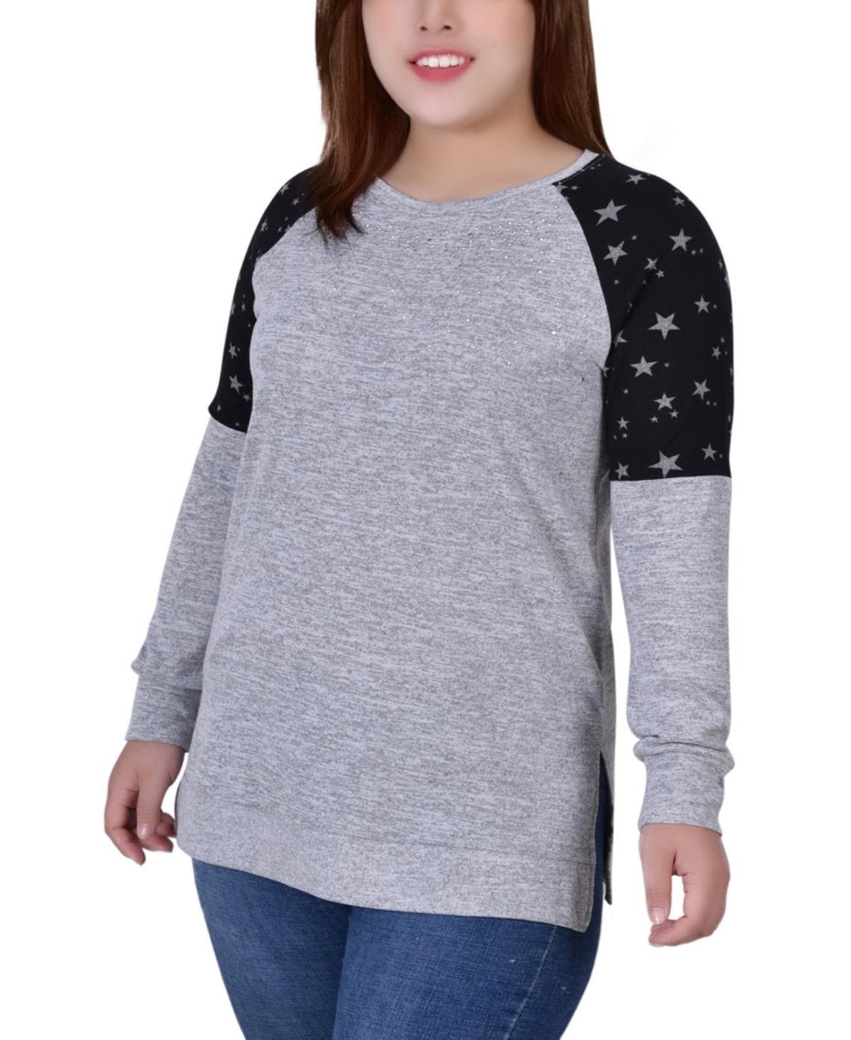 Plus Size Long Sleeve Knit with Print Shoulder Insets Top - Heather Gray Product Image