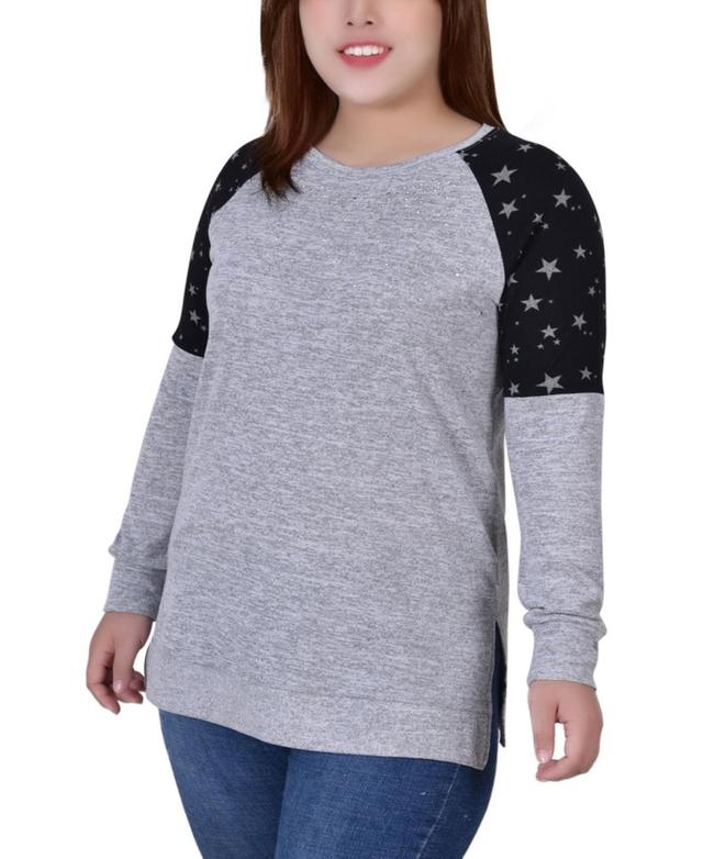 Plus Size Long Sleeve Knit with Print Shoulder Insets Top - Heather Gray Product Image