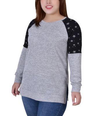 Plus Size Long Sleeve Knit with Print Shoulder Insets Top Product Image