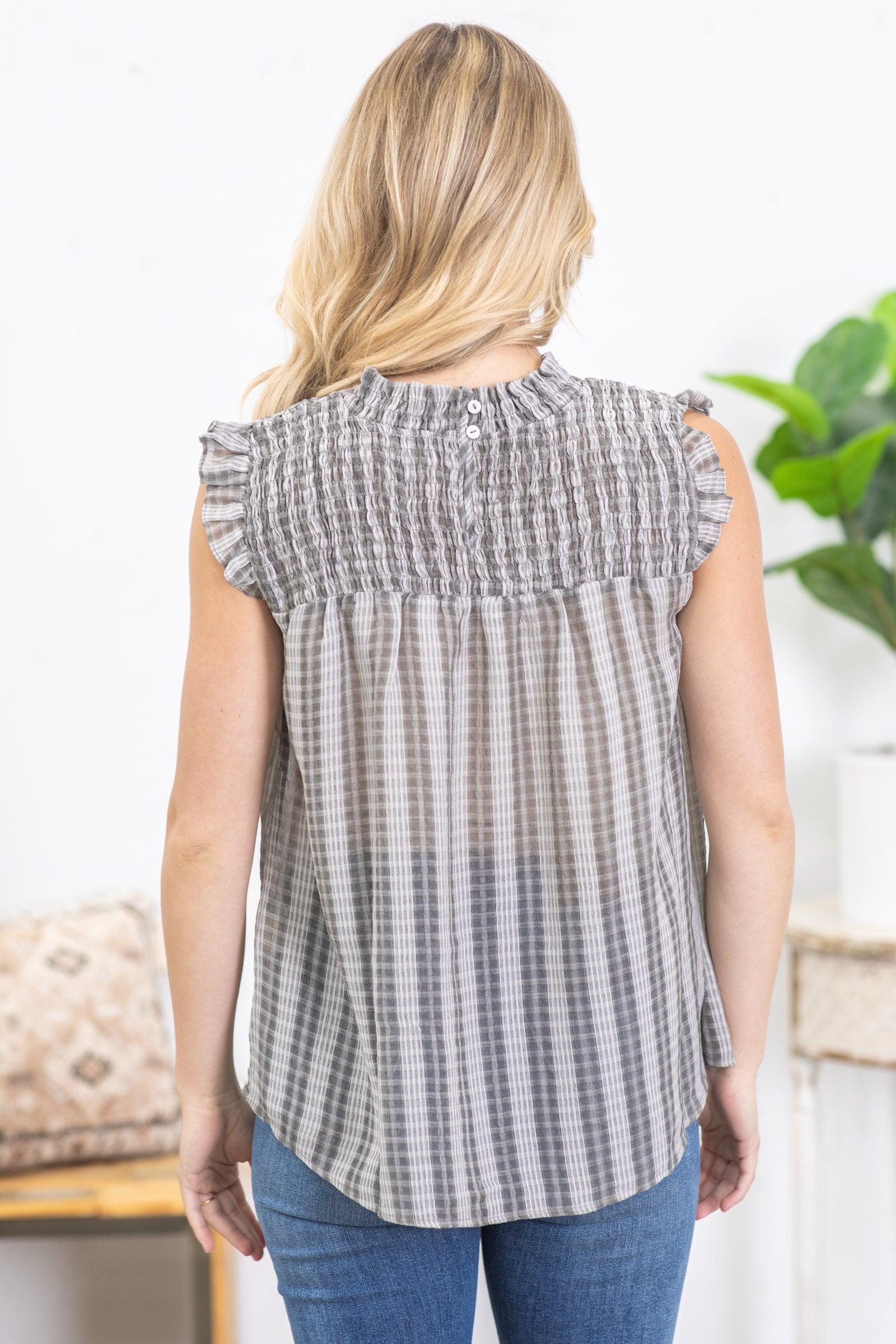 Grey Plaid Smocked Woven Top Product Image