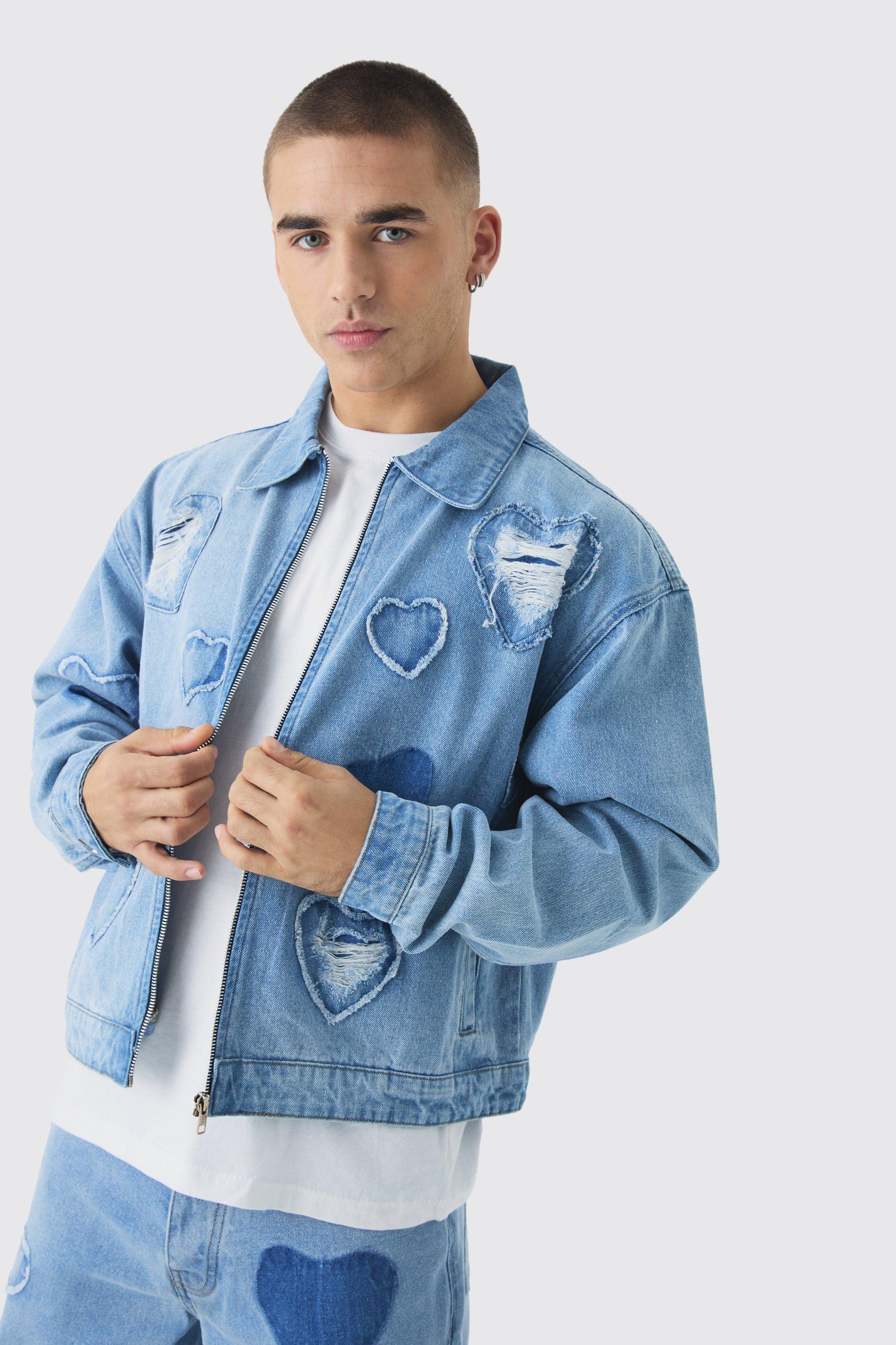 Mens Grey Boxy Fit Heart Applique Denim Bomber Jacket, Grey Product Image