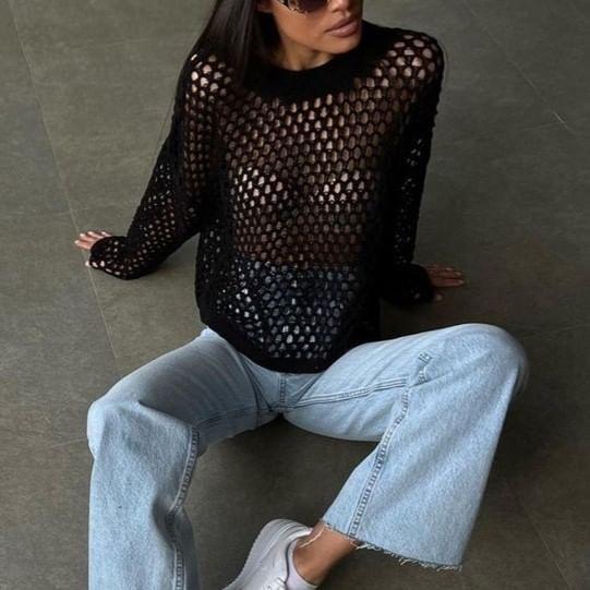 Long Sleeve Plain Crochet Knit Loose-Fit Top Product Image