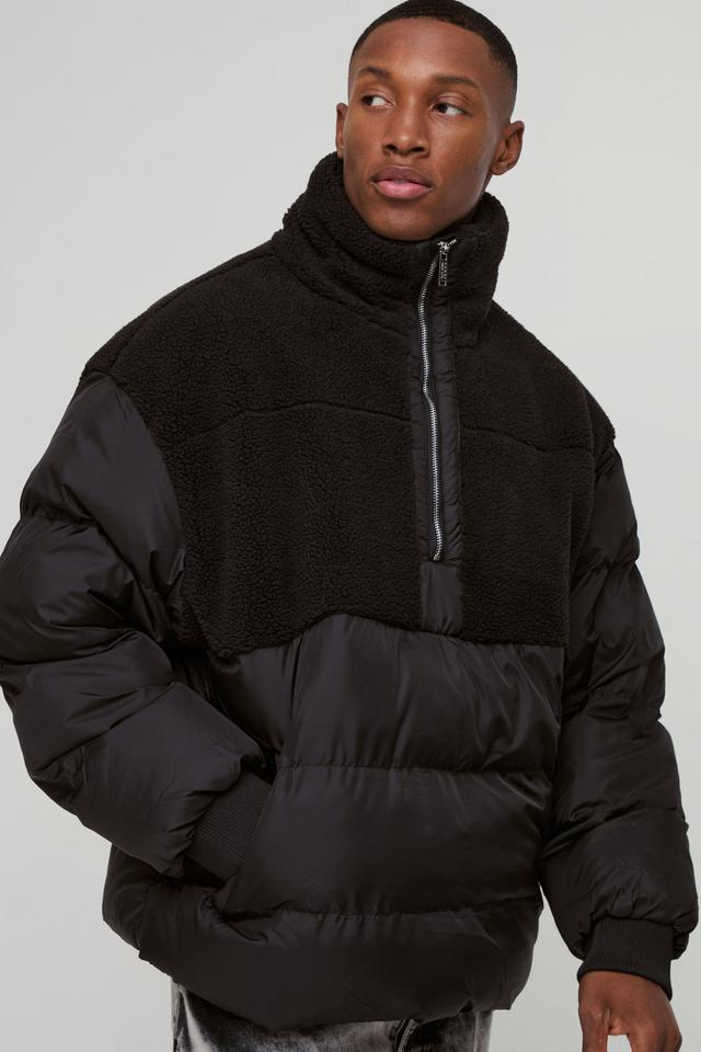 Half Zip Borg And Nylon Funnel Neck Puffer Jacket In Black | boohooMAN USA Product Image