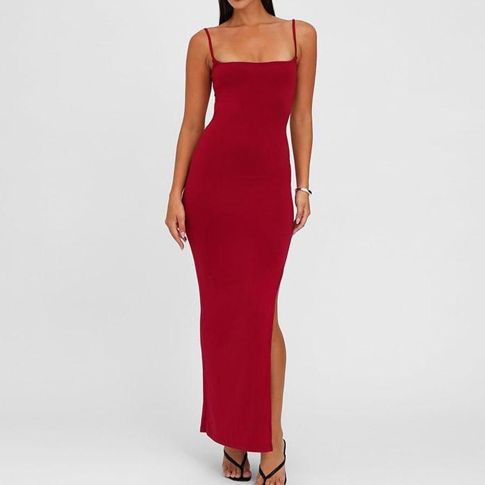 Spaghetti Strap Plain Midi Mermaid Dress Product Image