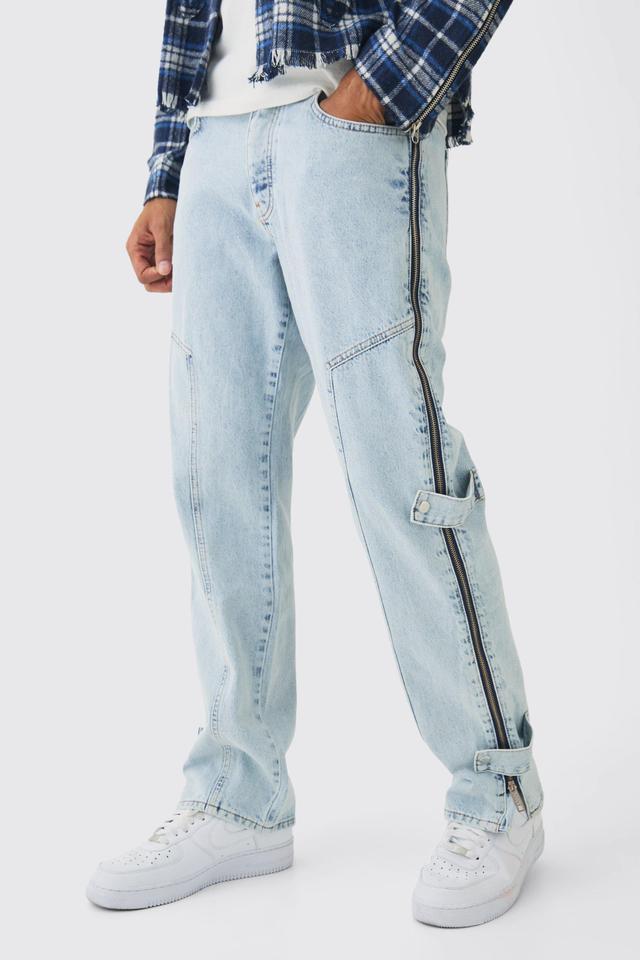 Relaxed Rigid Zip Detail Acid Washed Jeans | boohooMAN USA Product Image