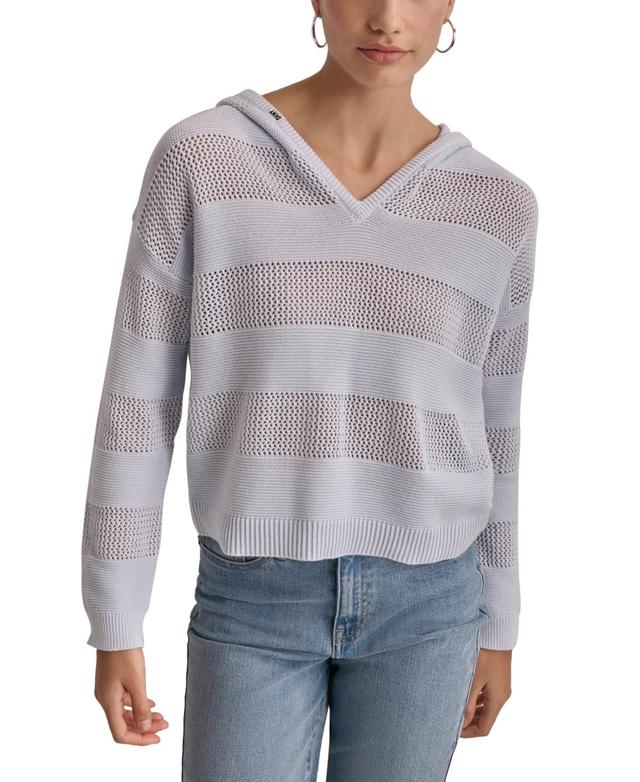 Dkny Jeans Womens Pointelle Stripe V-Neck Hooded Sweater - White Product Image