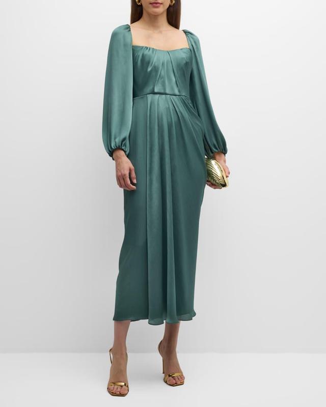 Square-Neck Long-Sleeve Draped Midi Dress Product Image