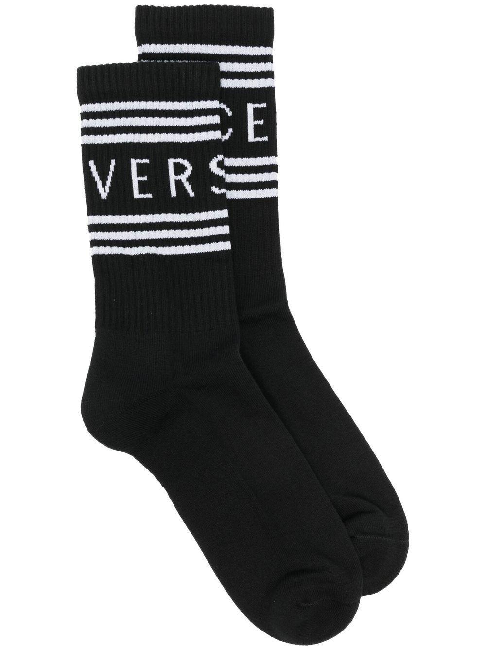 VERSACE Logo-print Ribbed Socks In Black White Product Image