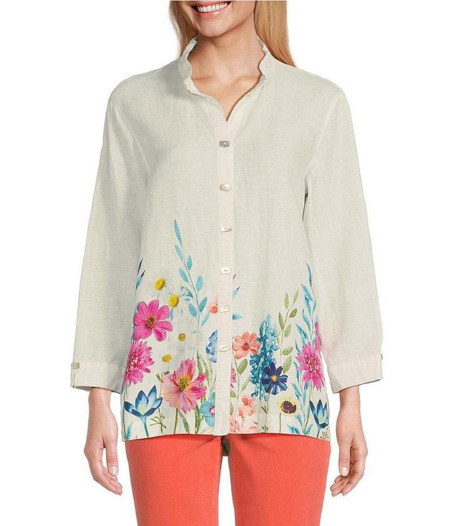 John Mark Floral Border Print Linen Wire Collar 3/4 Sleeves Button-Front Tunic Product Image