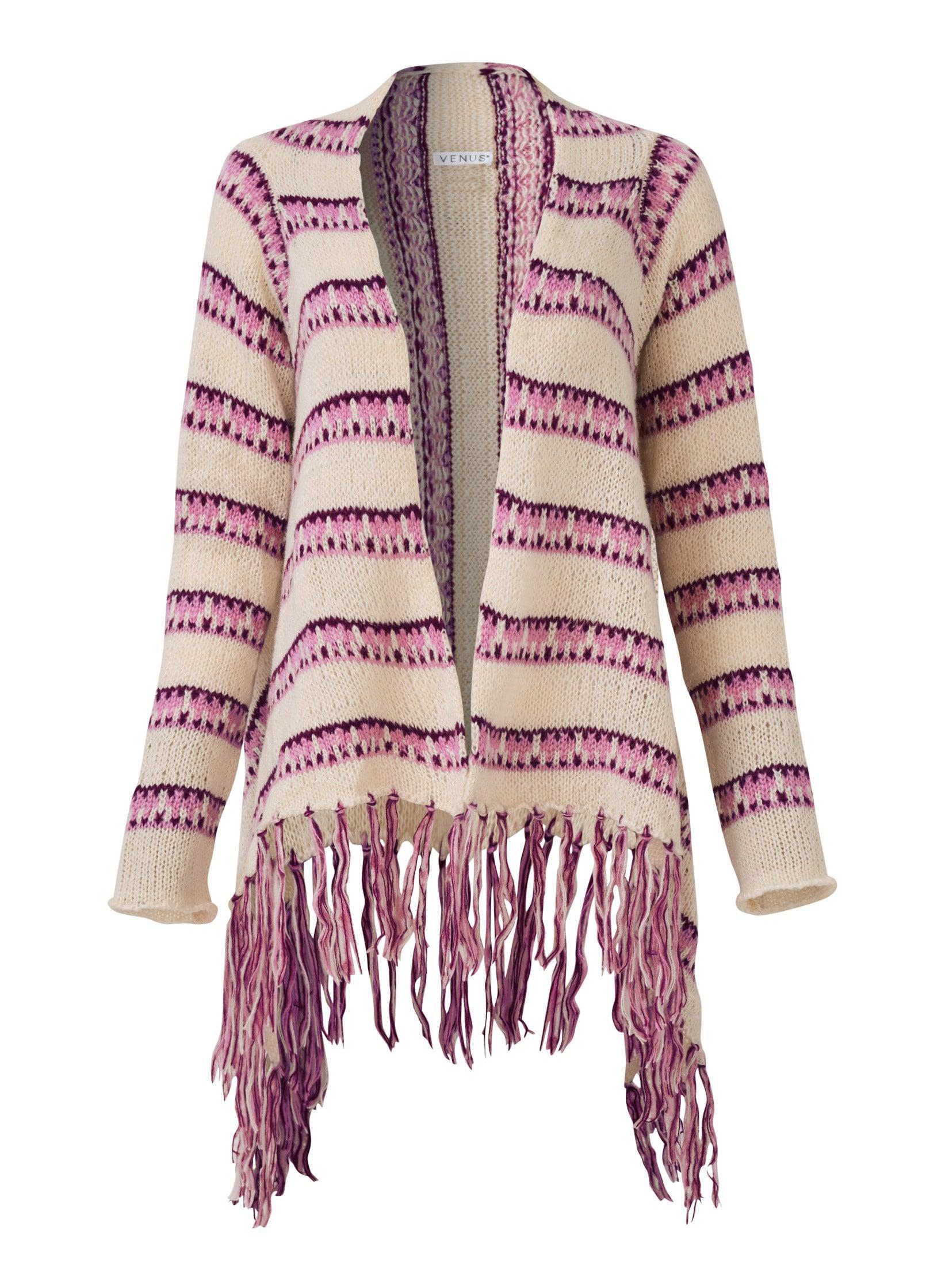 Stripe Fringe Cardigan - Beige Multi Product Image