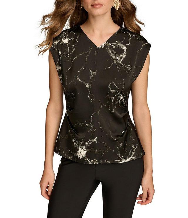 Donna Karan Satin Back Crepe V-Neck Cap Abstract Print Sleeve Top Product Image