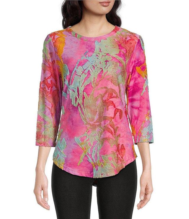 Calessa Burnout Tie Dyed Print Crew Neck 3/4 Sleeve Shirttail Hem Blouse Product Image