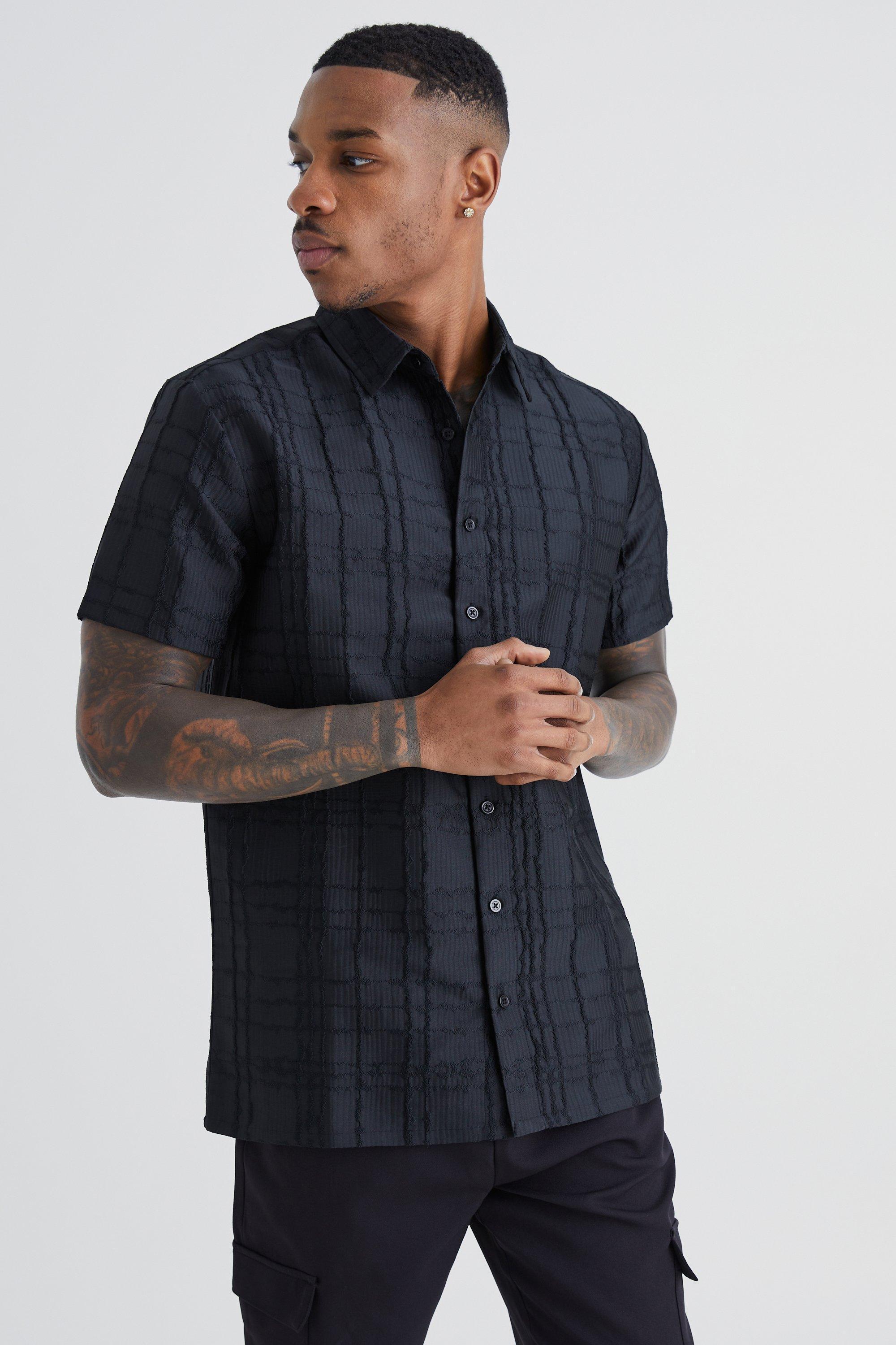 Short Sleeve Textured Tonal Flannel Shirt | boohooMAN USA Product Image