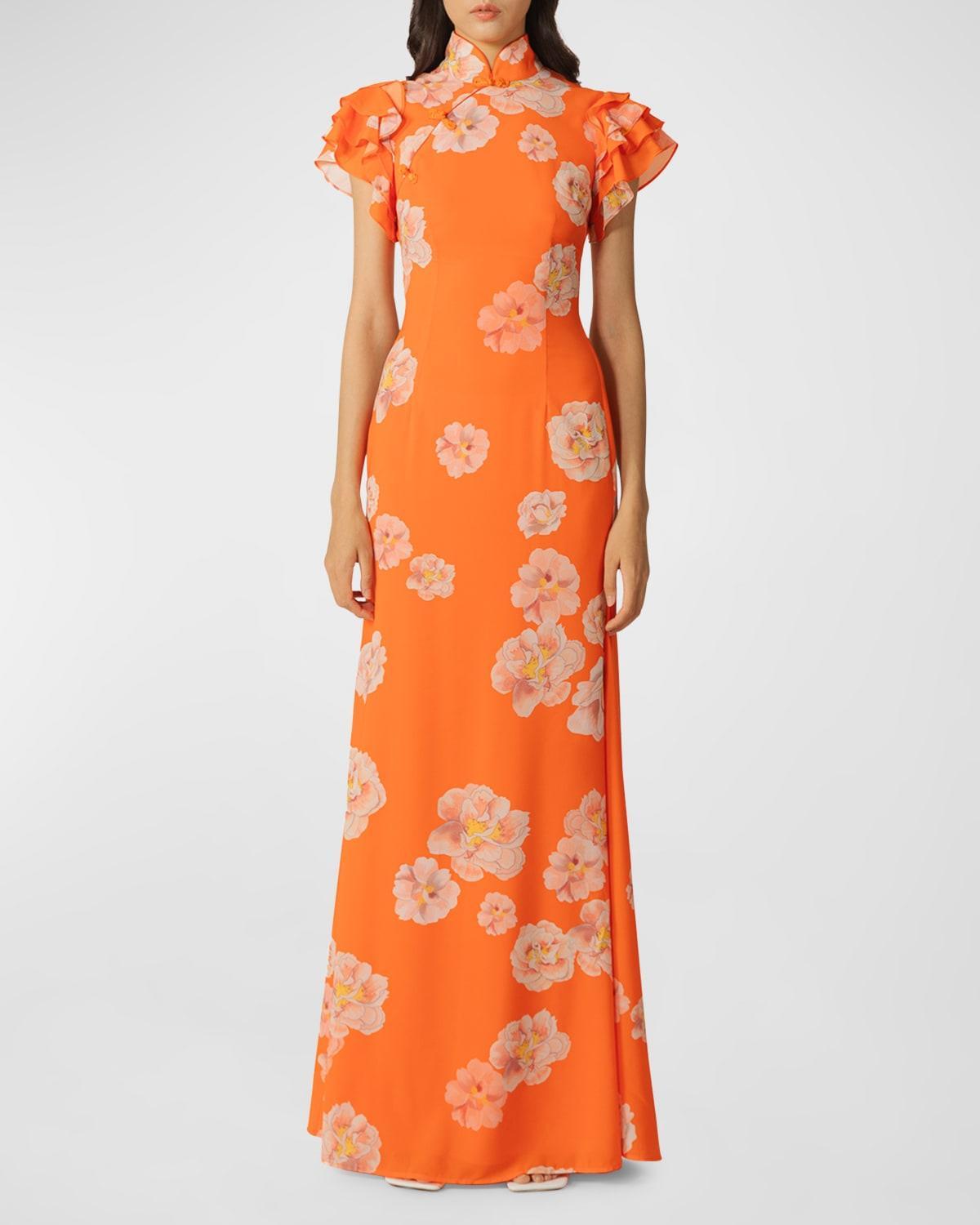 Sylvie Mandarin-Collar Floral Chiffon Maxi Dress Product Image