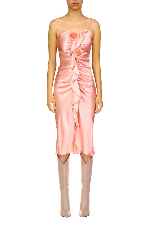 Pink Silk Satin Ruched Dress With Silk Flower Pin Product Image