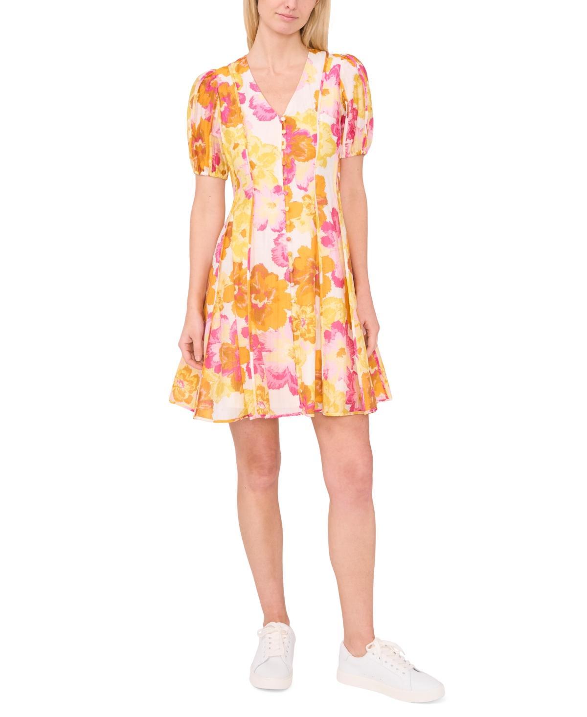 CeCe Womens Floral-Print Seamed Button-Front Dress Product Image