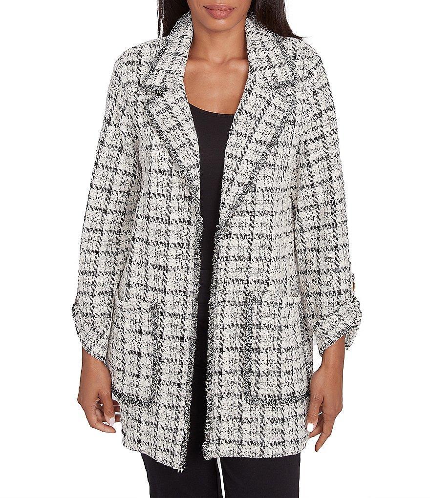 Ruby Rd. Petite Size Tweed Metallic Plaid Notch Lapel Collar Long Roll-Tab Sleeve Open-Front Jacket product image