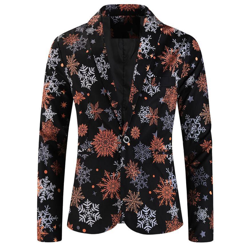 Notch Lapel Christmas Print Single Breasted Blazer / V-Neck Button Vest / Mid Rise Slim Fit Dress Pants / Set Product Image