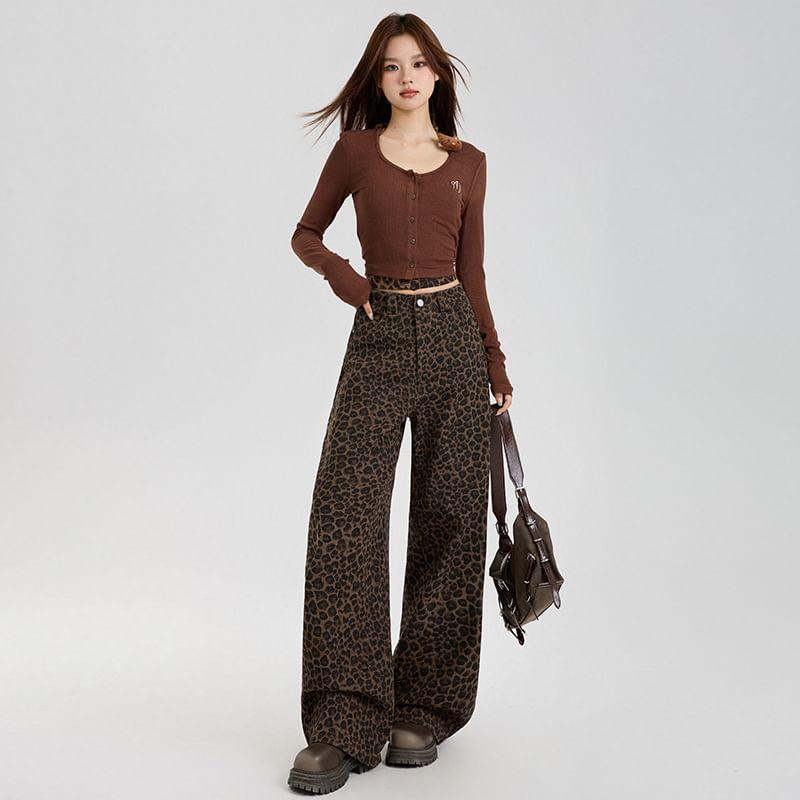 High Waist Leopard Print Wide Leg Jeans (Various Designs) Product Image