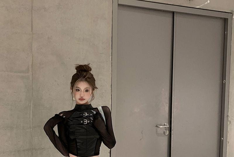 Long-Sleeve Mock Neck Faux Leather Buckled Crop Top Product Image