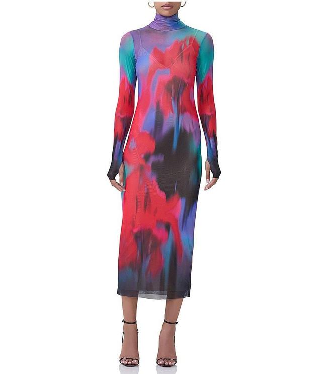 AFRM Shailene Printed Mesh Turtleneck Long Sleeve Midi Dress Product Image