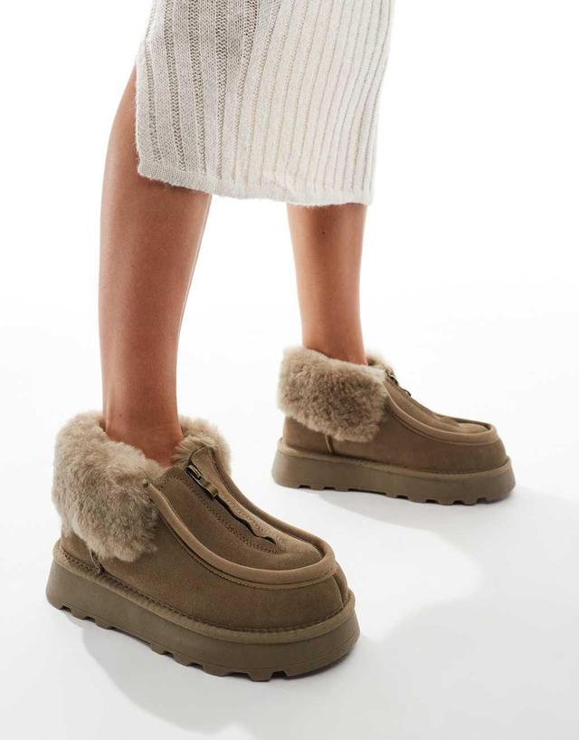 South Beach Real Sheepskin Zip Up Ankle Boot in Olive Product Image