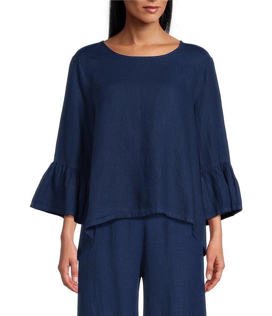 Bryn Walker Fran Light Linen Round Neck Ruffle 3/4 Bell Sleeve High-Low Coordinating Shirt Product Image