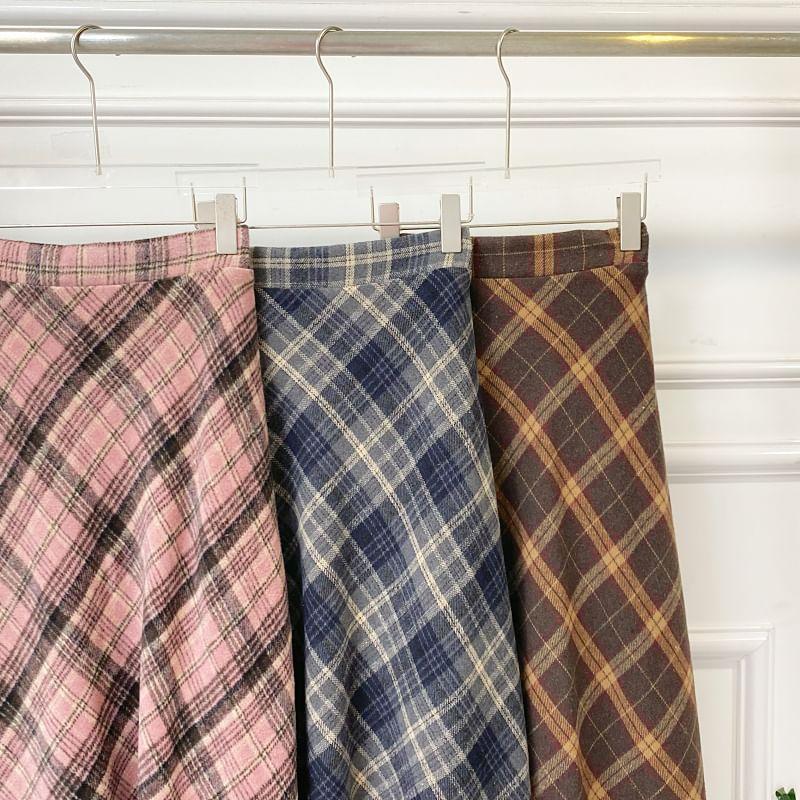 High Rise Plaid Midi A-Line Skirt Product Image