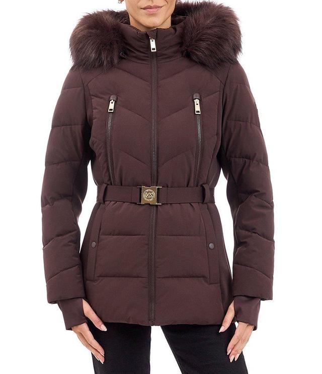 MICHAEL Michael Kors Faux Fur Stand Collar Hooded Belted Puffer Jacket Product Image