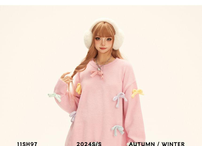 Crew Neck Bow Detail Oversized Sweater Product Image