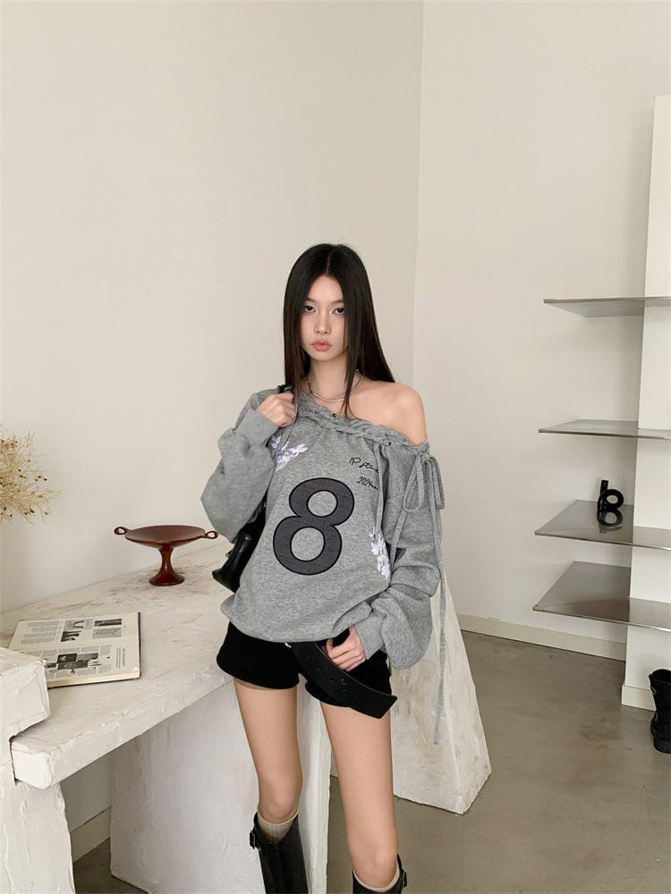 Long Sleeve Cold-Shoulder Numbering Applique Loose-Fit Sweatshirt Product Image