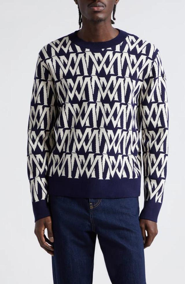 MONCLER Logo Pattern Cotton Blend Sweater In Print Mallover White Navy Product Image