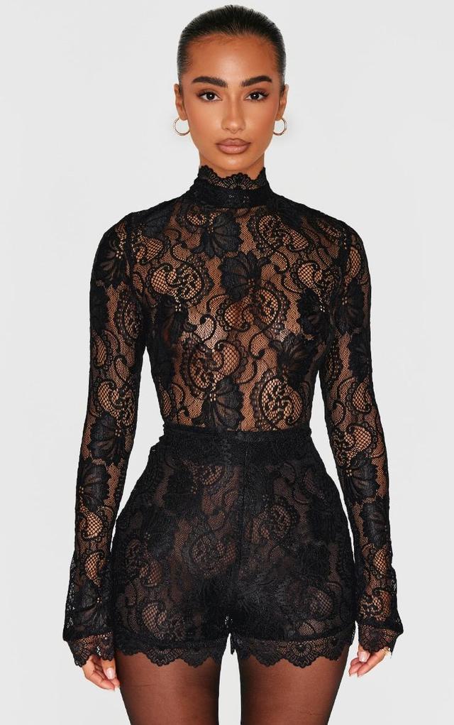 Petite Black Lace Long Sleeve Fitted Romper Product Image