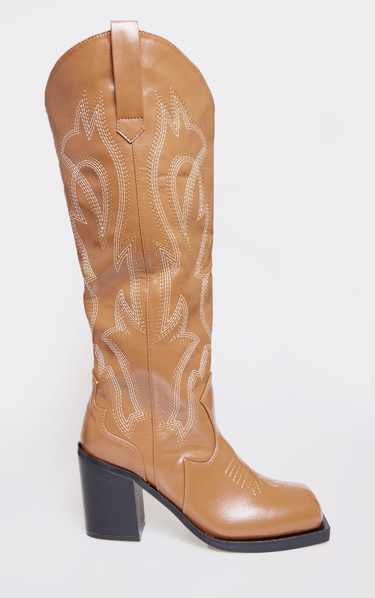 Tan PU Square Toe Stitch Detail Knee High Block Heel Western Boots Product Image