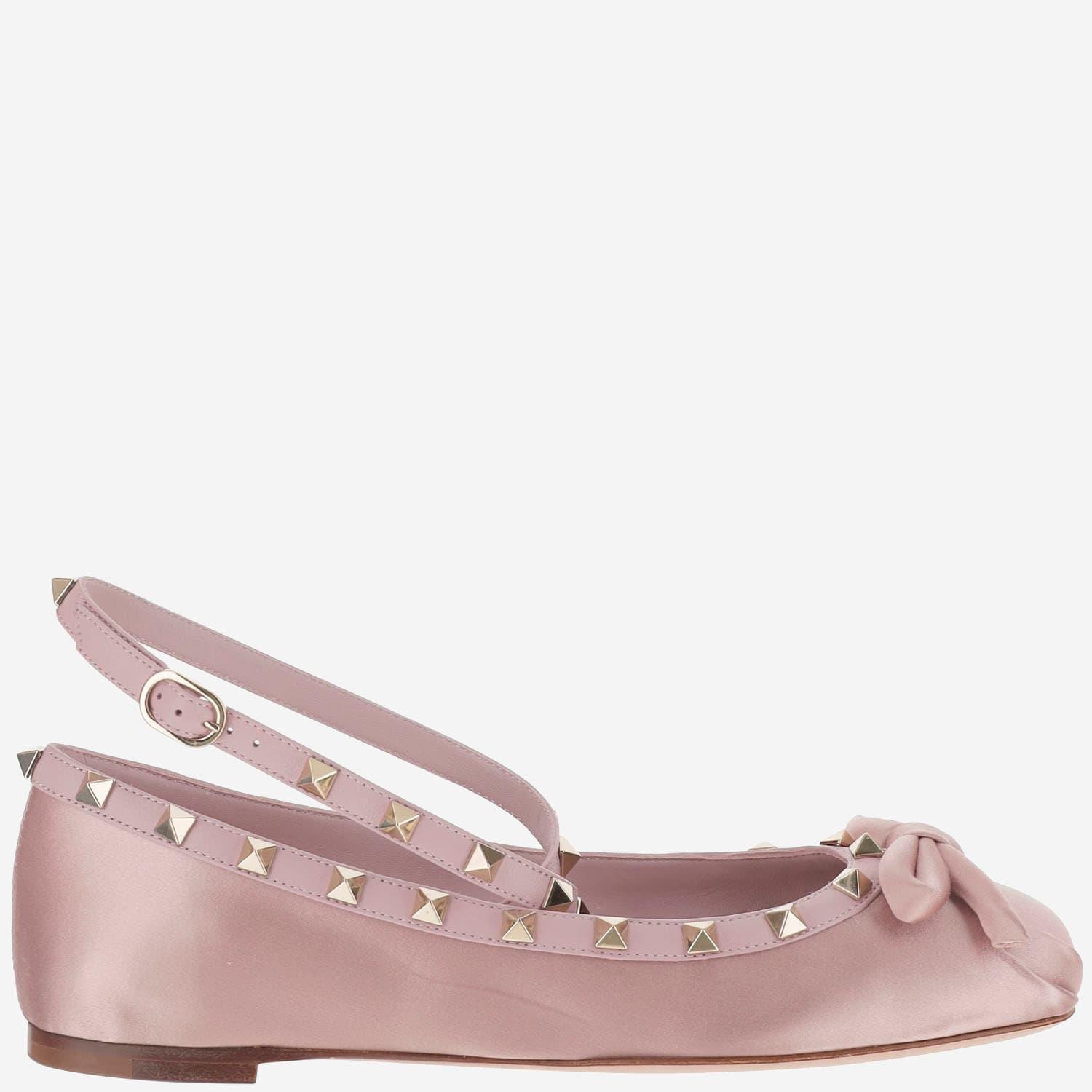 VALENTINO GARAVANI Rockstud Satin Ballerina Shoes In Pink Product Image