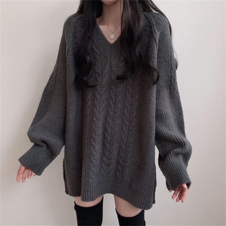 V-Neck Plain Cable-Knit Oversized Sweater Product Image