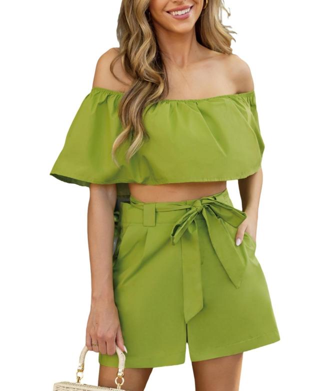 Cupshe Womens Green Off-Shoulder Cropped Flounce Top & Wide Leg Shorts Set Product Image