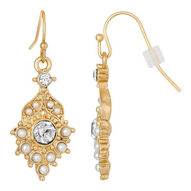 1928 Gold Tone Simulated Pearl & Simulated Crystal Fan Drop Earrings, Womens, White Product Image