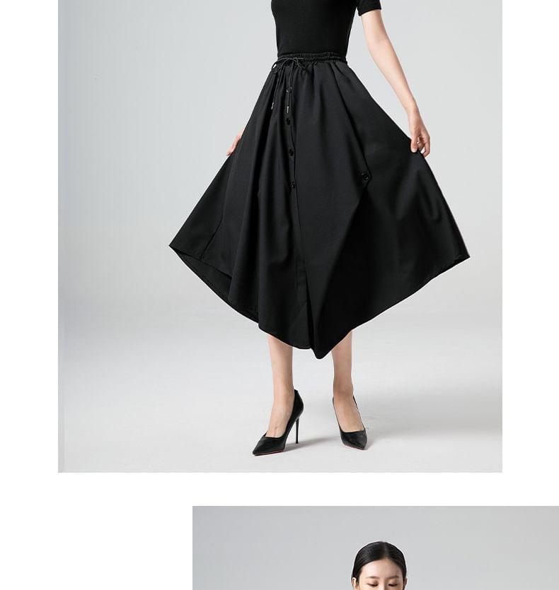 Drawstring Waist Plain Asymmetrical Buttoned Midi A-Line Skirt Product Image