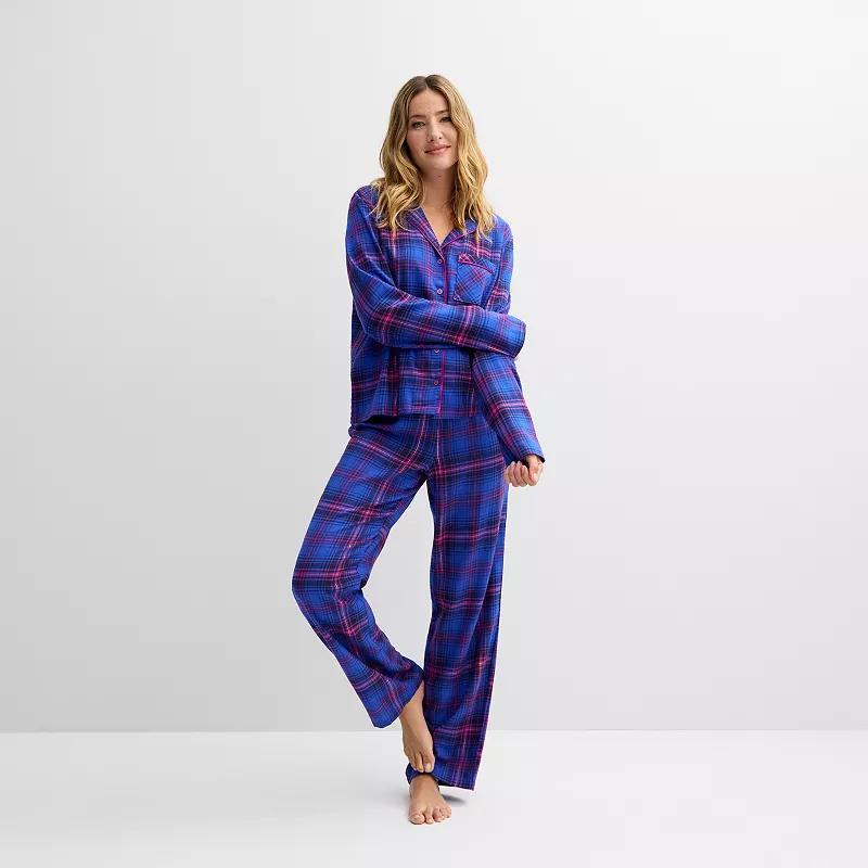 Womens Sonoma Goods For Life Flannel Notch Pajama Top & Pajama Pants Set Blue Black Plaid Product Image